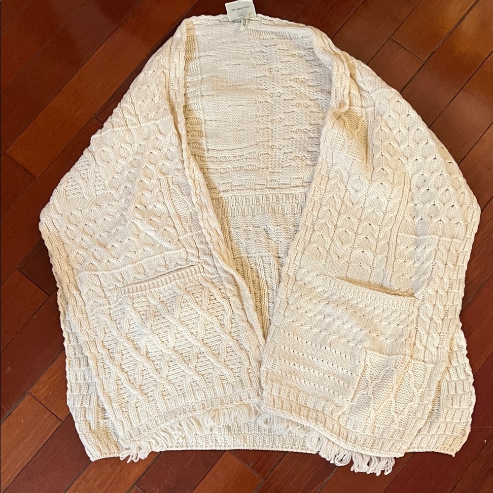 Open-Front Cream Cable Knit Cardigan with Patch Pockets